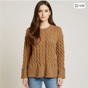 J CREW Cotton-blend cable-knit side-slit crewneck sweater Brown Tan Size L/XL